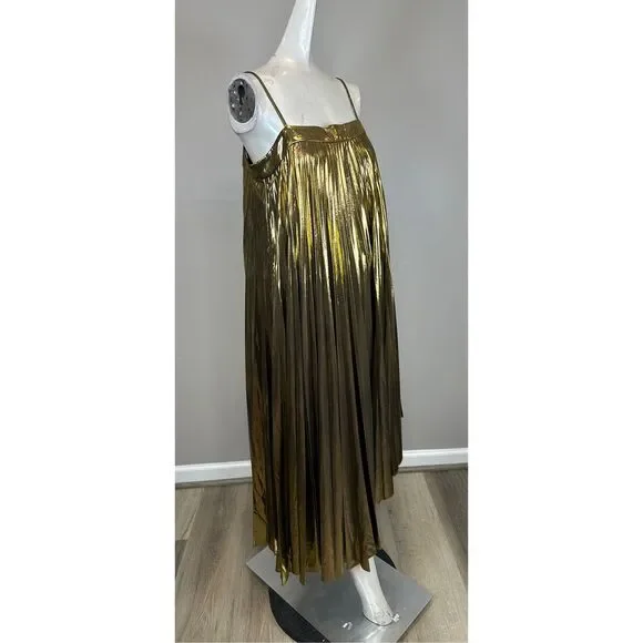 Milly Gold metallic Pleated Midi Dress Sz 10 - Picture 8 of 11